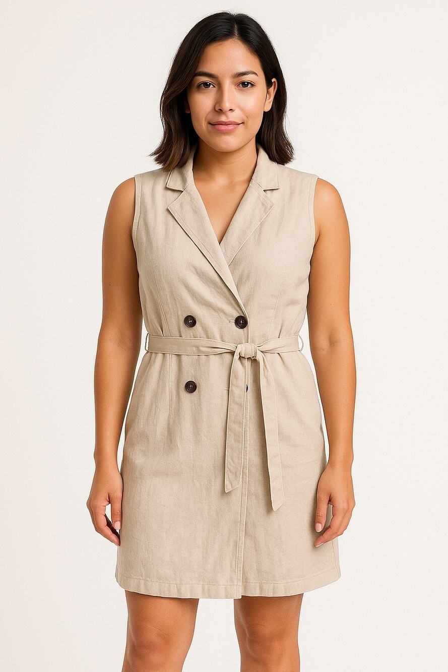 H&M linen blend Sleeveless Beige double breasted Trench Dress with Belt size XL